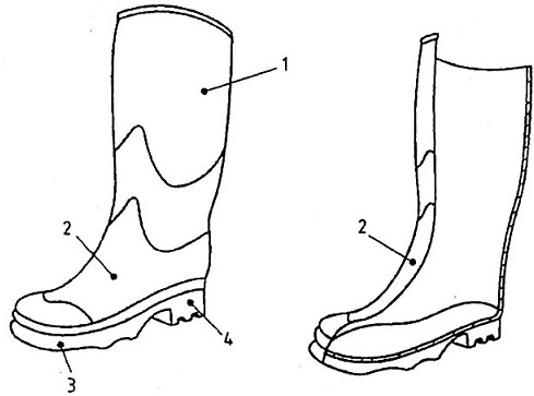 Các chi tiết của giày ủng làm hoàn toàn bằng cao su (nghĩa là được lưu hóa) và giày ủng làm hoàn toàn bằng polyme (nghĩa là được đúc khuôn)